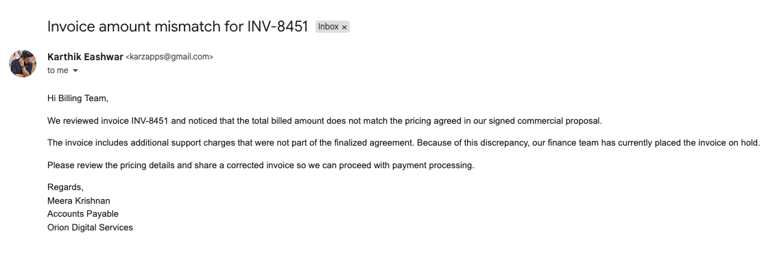 Customer dispute email captured from the inbox
