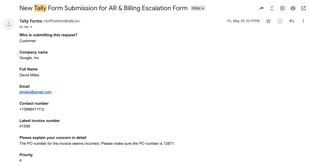 Instant confirmation email acknowledging receipt