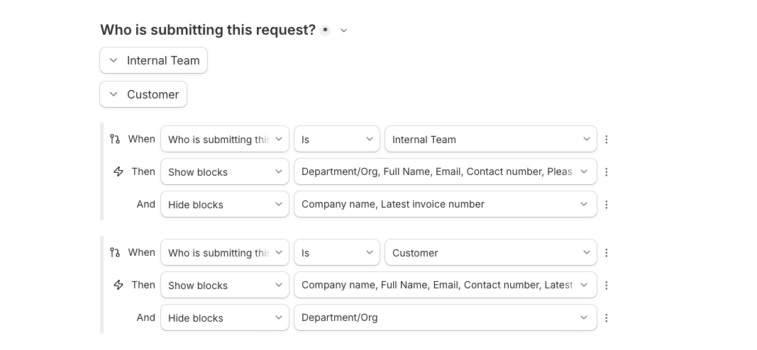Conditional logic guiding customers vs internal teams